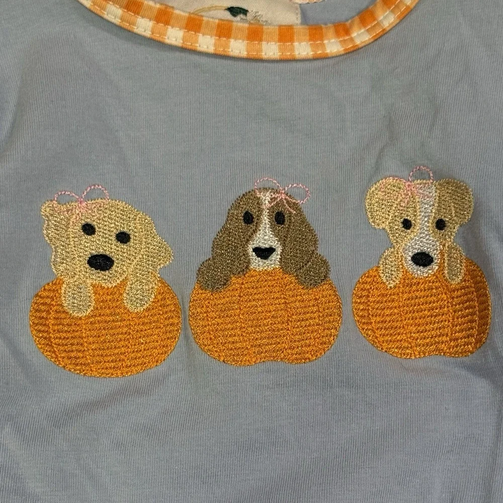 Magnolia Smocking Company Bubble Romper 3-6M Puppies Pumpkins Fall Gingham